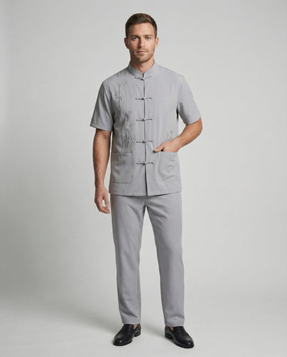 Herren nan kurzarm-Ensemble mit Stehkragen und Froschverschlüssen elastischer Bundhose mit geradem Bein EB