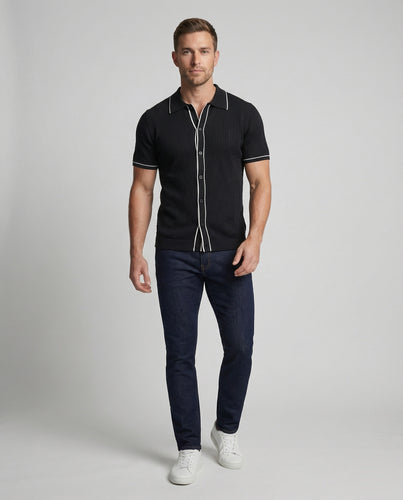 Herren nan Kurzarm-Strickcardigan im Retro-Polo-Stil mit Lochmuster und Kontrastpaspel EB