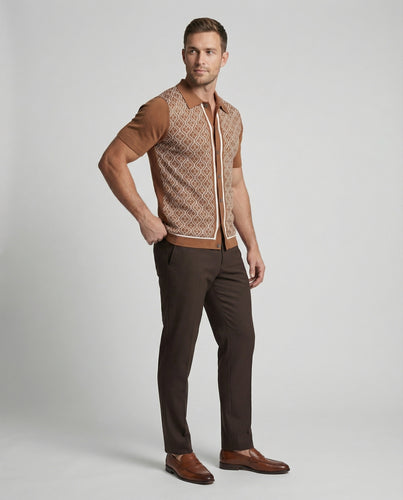 Herren nan kurzärmeliges Strick-Poloshirt mit durchgehender Knopfleiste und feinem Jacquardmuster EB