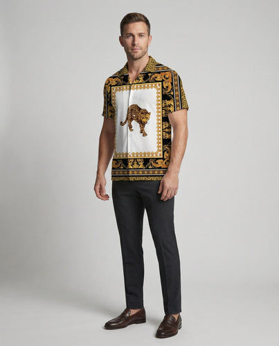Herren nan luftiges Kurzarm-Hemd mit Kuba-Kragen und barockem Ornamentprint EB