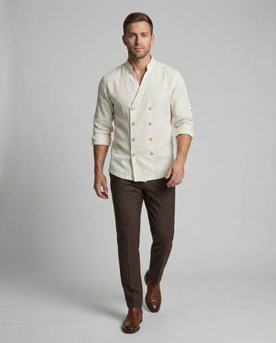 Herren nan mediterranes Leinenhemd im Doppelreiher-Stil mit Stehkragen und lässiger Passform EB