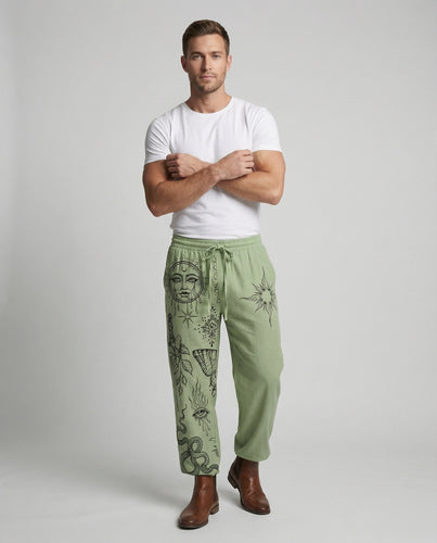 Herren nan weite Leinen-Loungehose mit elastischem Bund, Tunnelzug und illustrativem Mystikmotiv EB