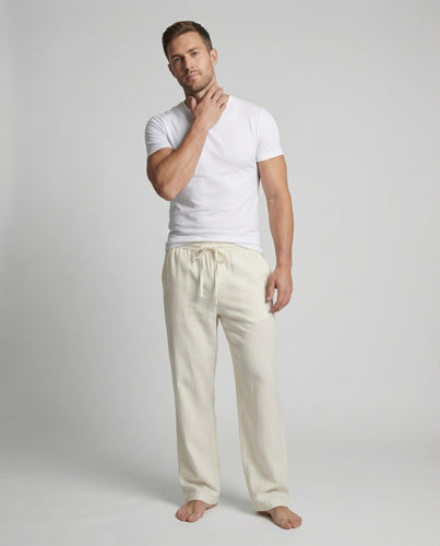 Herren nan weite Leinen-Loungehose mit elastischem Tunnelzug Bügelfalte und praktischen Eingrifftaschen EB