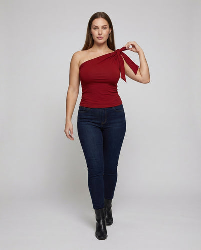 Damen Elastische Knoten Jersey Ein-Schulter-Top