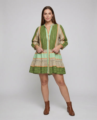 Damen Boho Ballonärmel Baumwoll Stufenminikleid