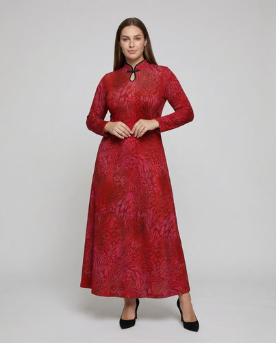 Damen Elegante Mandarinkragen Mischgewebe Maxikleid