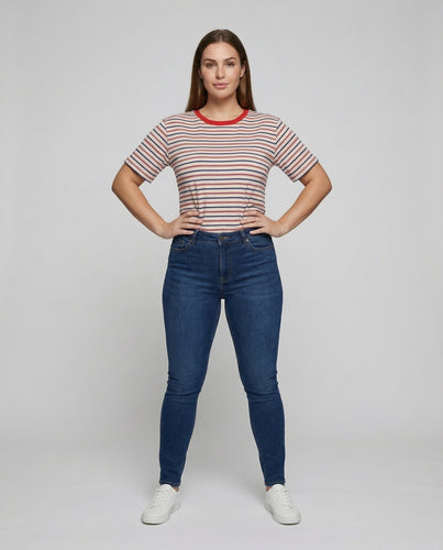 Damen Kastige Gestreifte Baumwoll Kurzarmshirt