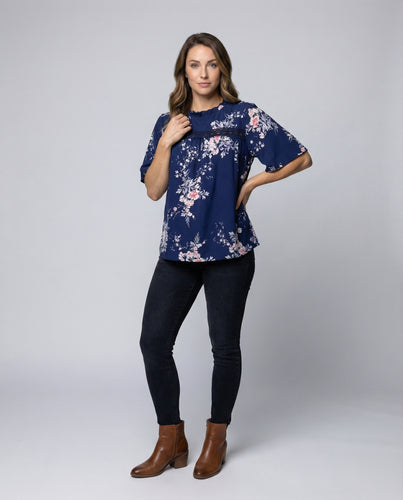 Damen Florale Rüschkragen Baumwoll Tunika-Bluse