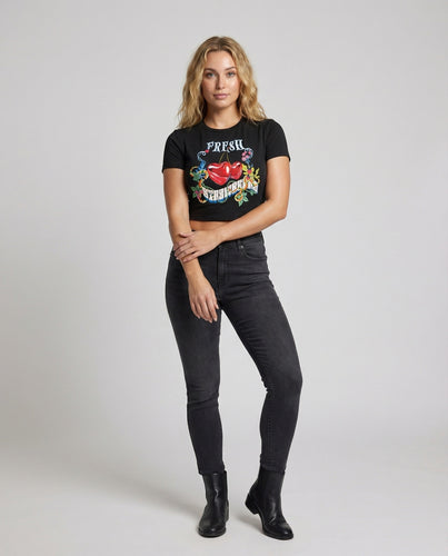 Damen Elastisches Grafikprint Baumwolljersey T-Shirt