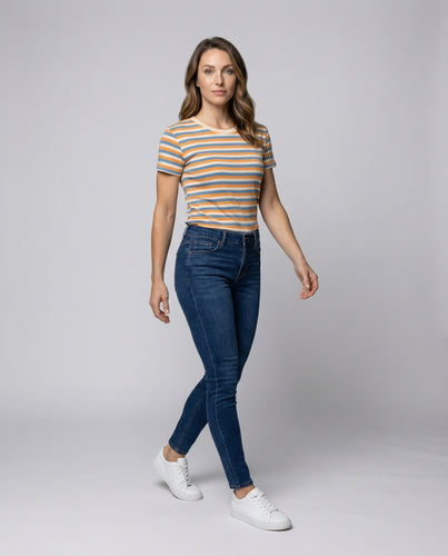 Damen Lässiges Gestreiftes Baumwollmix Kurzarmshirt