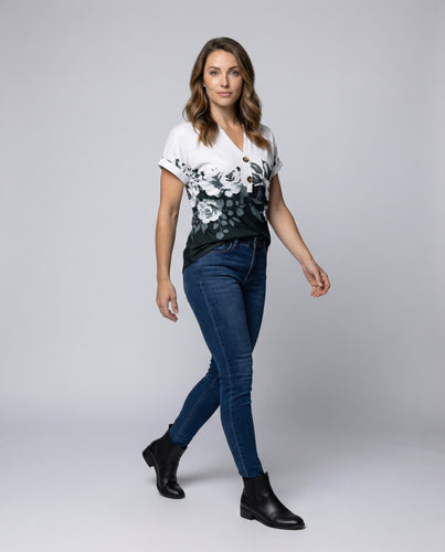 Damen Lässiges Blumenprint Mischgewebe Kurzarmshirt