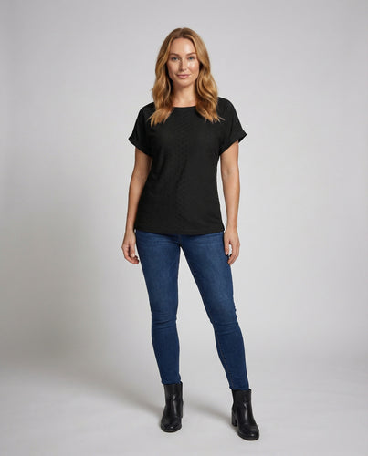 Damen Lockeres Lochstickerei Mischgewebe Kurzarmshirt