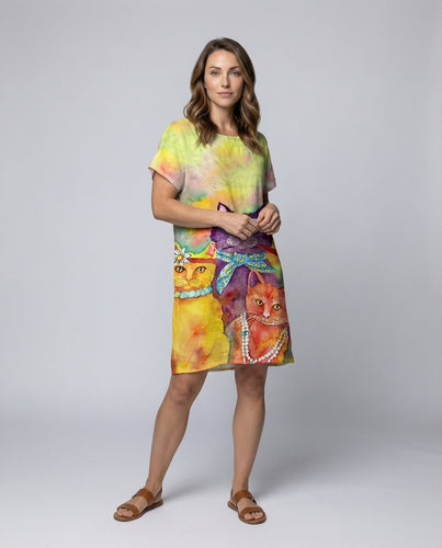 Damen Lockeres Katzenprint Mischgewebe Midikleid