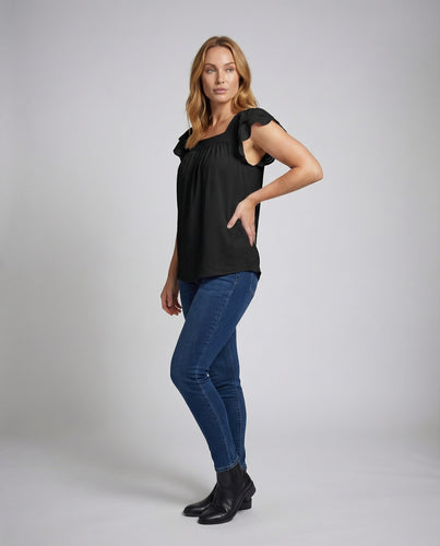 Damen Luftige Volantärmel Mischgewebe Top