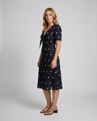 Damen Florale Knotenfront Baumwoll Midikleid