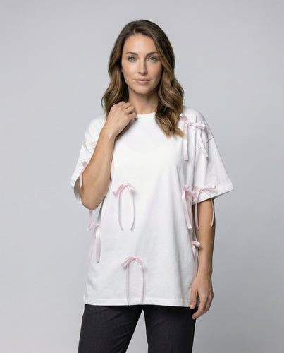 Damen Kastige Satin-Schleifen Baumwoll T-Shirt