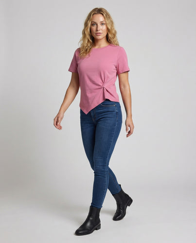 Damen Asymmetrische Knoten Baumwolljersey Rundhals-Shirt