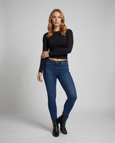 Damen Taillierte Raffung Stretchjersey Longsleeve-Cropshirt