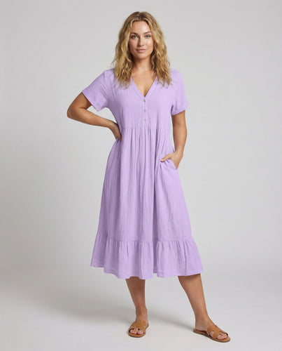 Damen Gestufte Empire-Naht Baumwoll-Gauze Midikleid