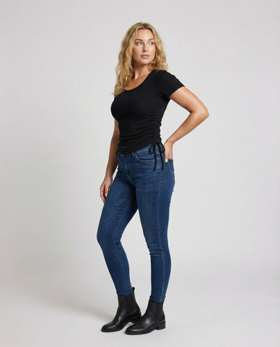 Damen Taillierte Kordelzug Mischgewebe Kurzarmshirt