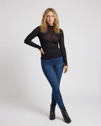 Damen Taillierte Welliger-Saum Mischgewebe Langarmshirt