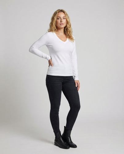 Damen Schmale V-Ausschnitt Baumwollstretch Langarmshirt