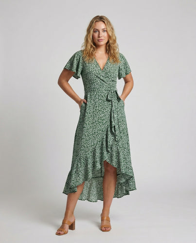 Damen Asymmetrische Tupfenprint Mischgewebe Midikleid