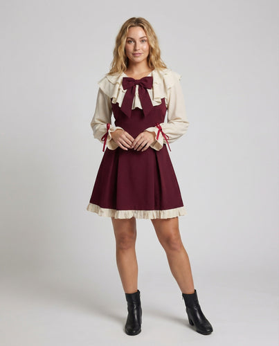 Damen Romantische Volantkragen Mischgewebe A-Linien-Combo-Kleid