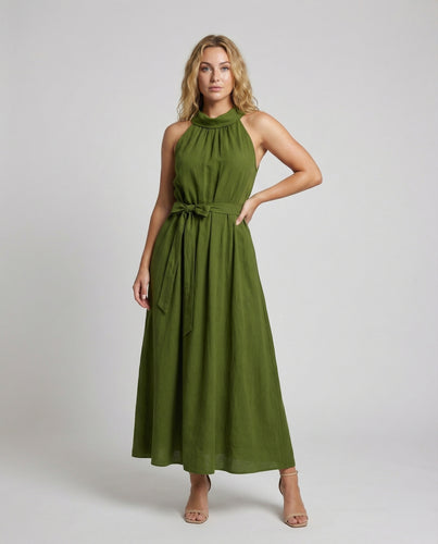 Damen Ärmellose Geraffte Mischgewebe Maxi-Sommerkleid