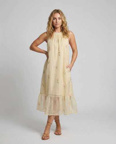 Damen Ärmellose Tulpenstickerei Chiffon Halterneck-Midikleid