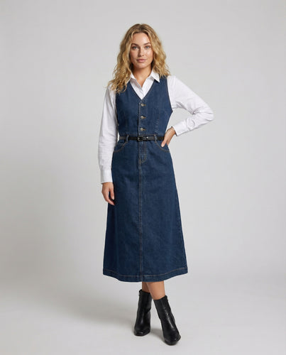 Damen Ärmellose Frontknopfleiste Denim Jeans-Midikleid