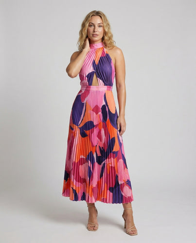 Damen Ärmellose Taillierte Plissee Maxikleid