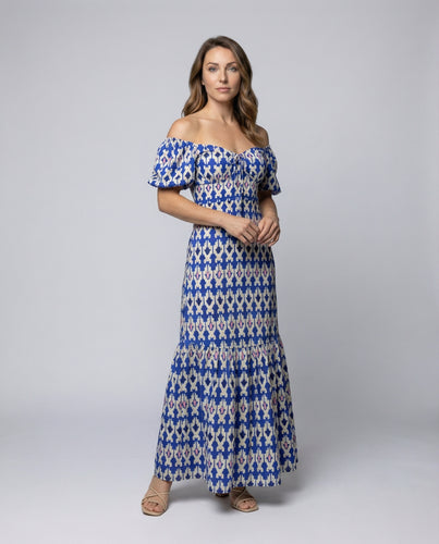 Damen Gesmokte Stufenrock Mischgewebe Bardot-Maxikleid
