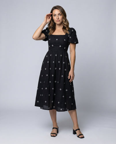 Damen Bestickte Empire-Taille Baumwoll Midikleid