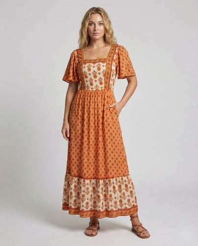 Damen Ausgestellte Flügelärmel Mischgewebe Boho-Maxikleid