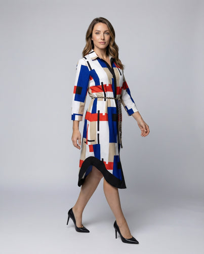 Damen Fließende Blockprint Mischgewebe Hemdkleid