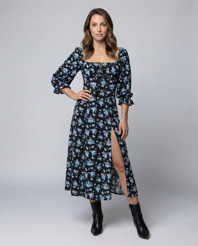 Damen Florale Beinschlitz Mischgewebe Midikleid