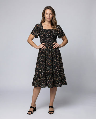 Damen Florale Volantrock Mischgewebe Midikleid