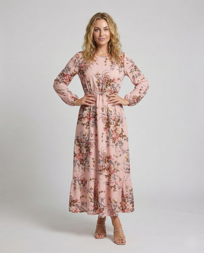 Damen Florale Gestufte Mischgewebe Maxikleid