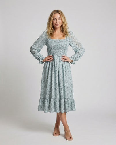 Damen Florale Gesmokte Mischgewebe Midikleid