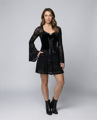 Damen Taillierte Glockenärmel Samt Gothic-Samtkleid