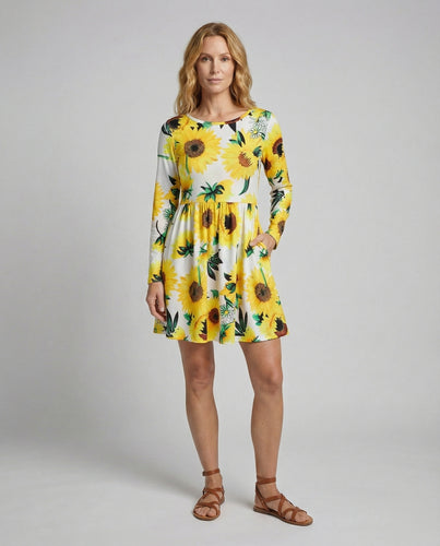 Damen Taillierte Sonnenblumenprint Baumwoll Langarmkleid