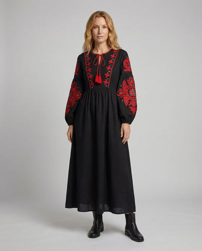 Damen Langes Folklorische Baumwoll Stickkleid