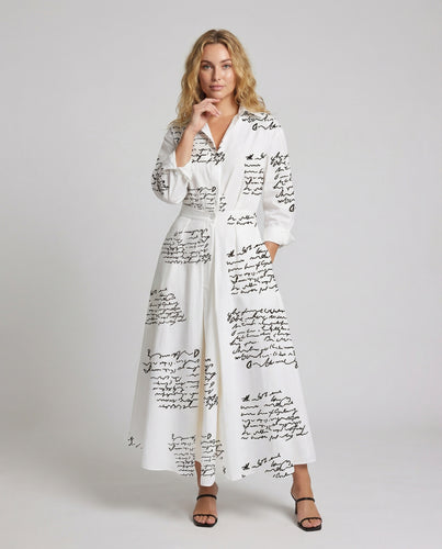 Damen Langes Handschrift-Print Baumwoll Shirtkleid