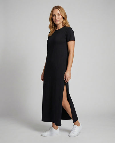 Damen Sportliche Beinschlitz Baumwolljersey Maxi-T-Shirtkleid