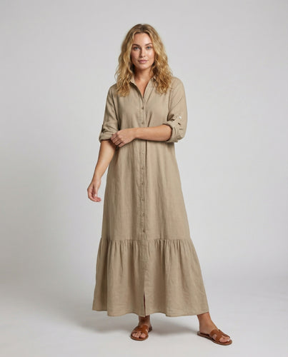 Damen Lockere Stufenrock Mischgewebe Hemdmaxikleid
