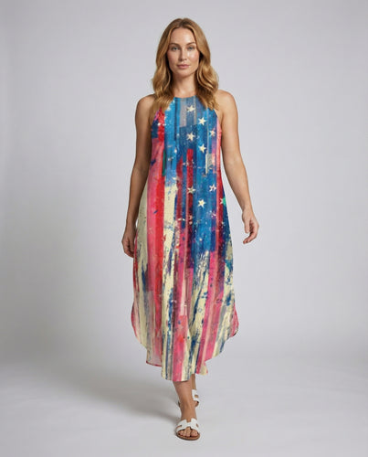 Damen Luftige Streifen-Sternprint Mischgewebe Neckholder-Maxikleid