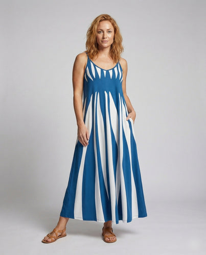 Damen Luftige Längsstreifen Mischgewebe Spaghettiträger-Maxikleid