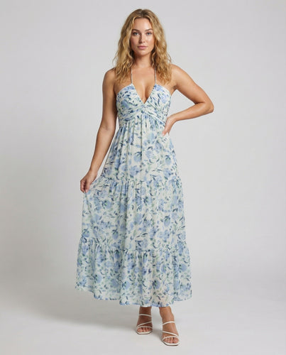 Damen Gestufte Empire-Passe Mischgewebe Neckholder-Maxikleid