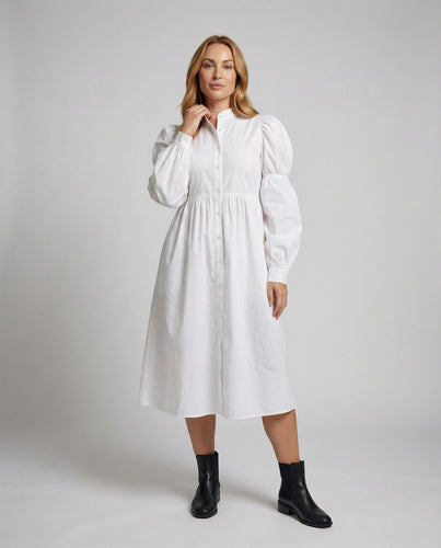 Damen Modische Ballonärmel Popeline Popeline-Midikleid